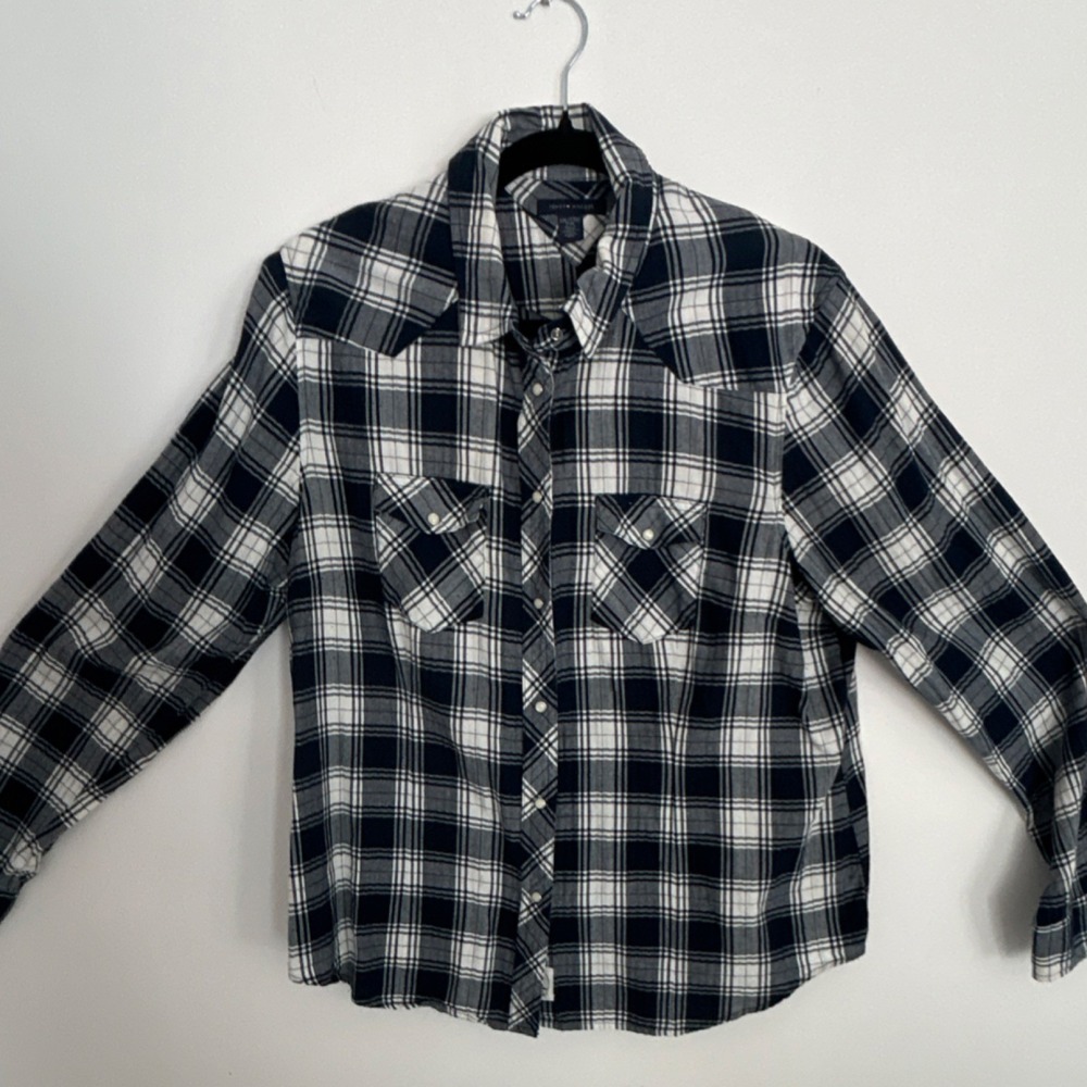 Tommy Hilfiger Plaid Flannel Cotton Shirt Navy White XXL Button Pockets Patch